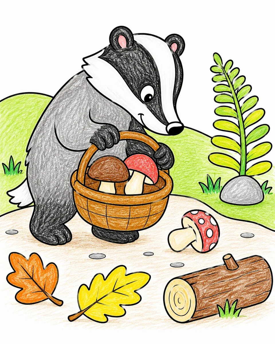 Dachs mit Pilzkorb
