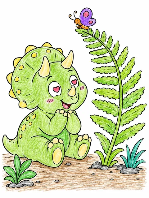 小恐龙爱上了一棵植物 – 涂色效果预览