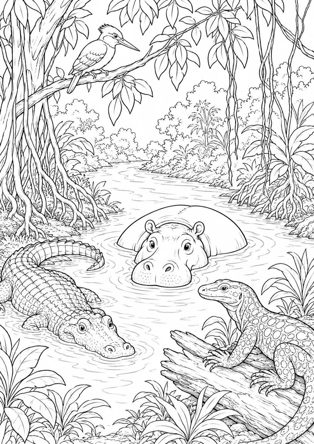 Ausmalbild: Tropischer Fluss mit Kaiman, Nilpferd und Waran am Ufer