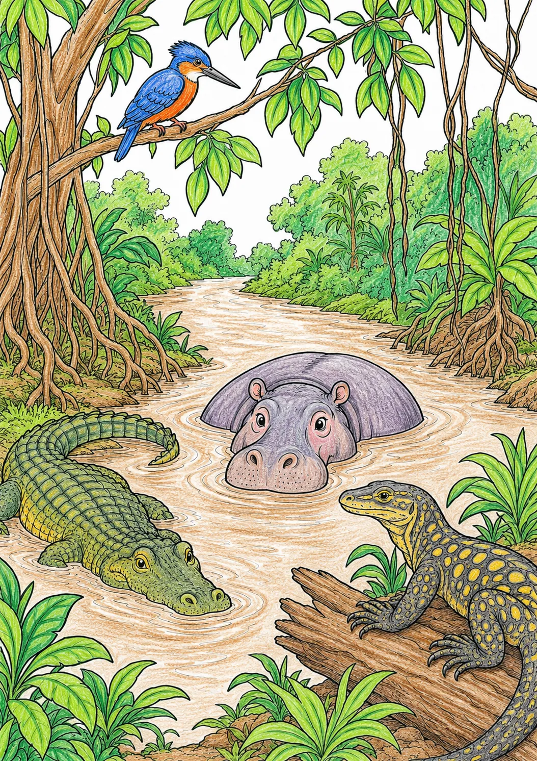Am Dschungelfluss: Kaiman und Nilpferd