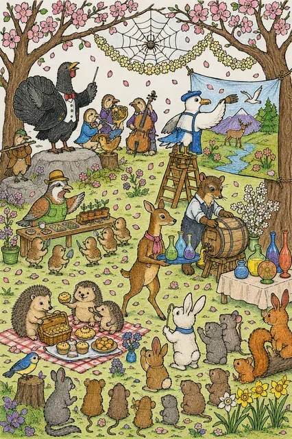 Wimmelbild-Ausmalbild: Frühlingsfest im Wald mit Konzert, Unterricht und Picknick in einer Blüten-Waldlichtung