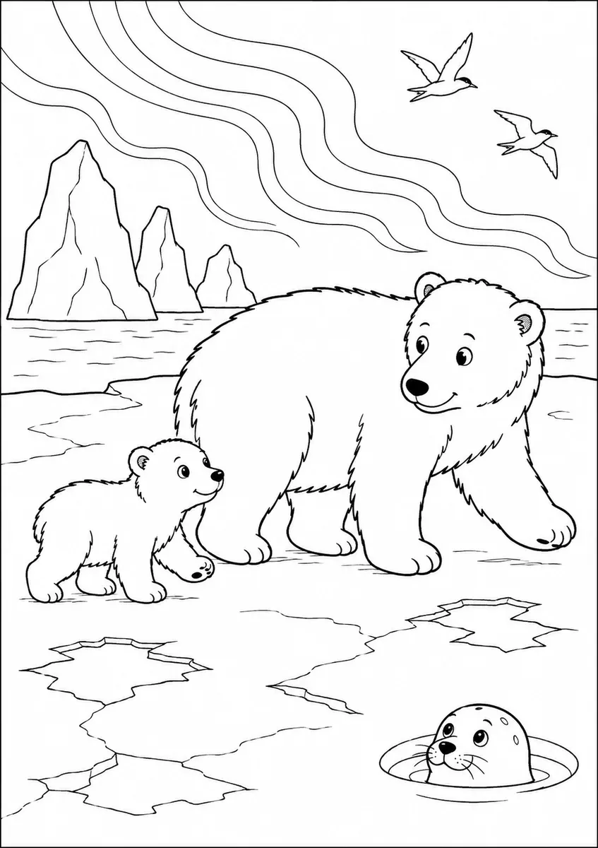 Eisbär-Mutter wandert mit Jungtier über die Eisscholle, Polarlicht und Eisberge im Hintergrund