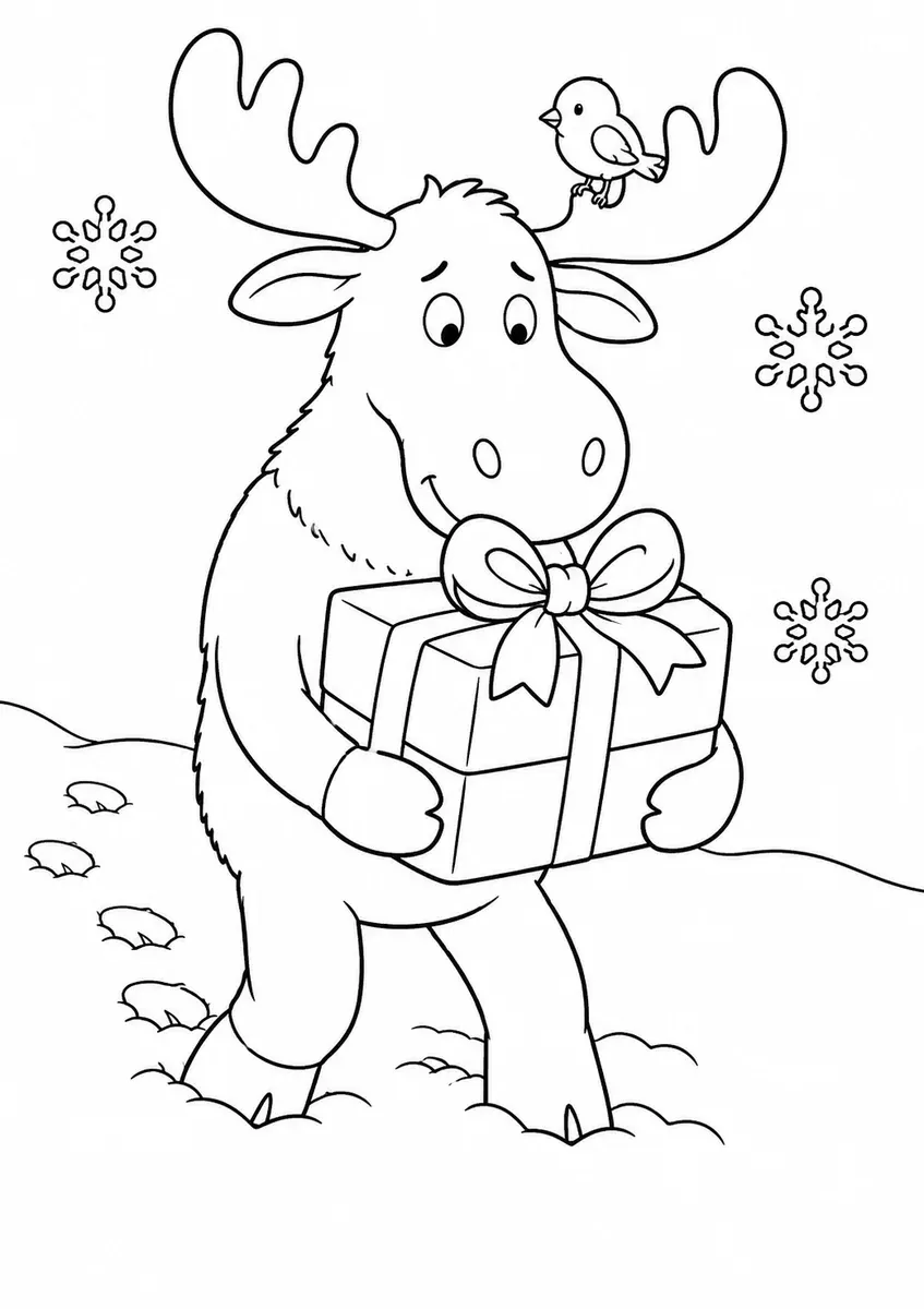 Ausmalbild eines Elchs, der ein Weihnachtspaket durch den Schnee trägt