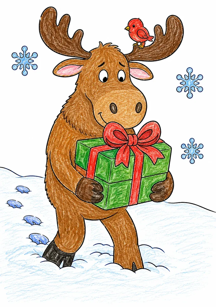 Elch trägt Weihnachtspaket durch Schnee