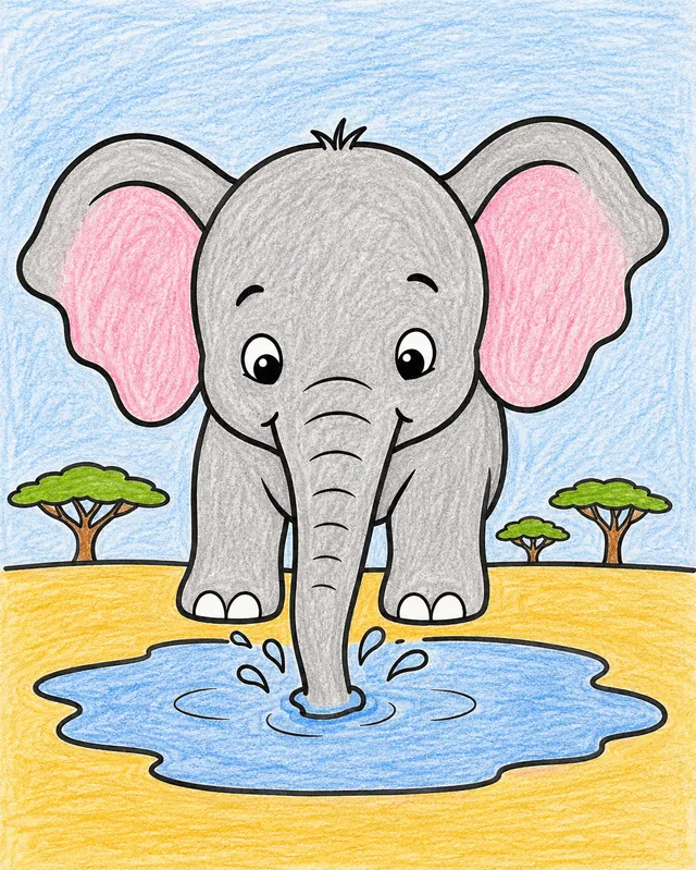 Ausmalbild: Elefant-Baby mit weit ausgebreiteten Ohren am Wasserloch