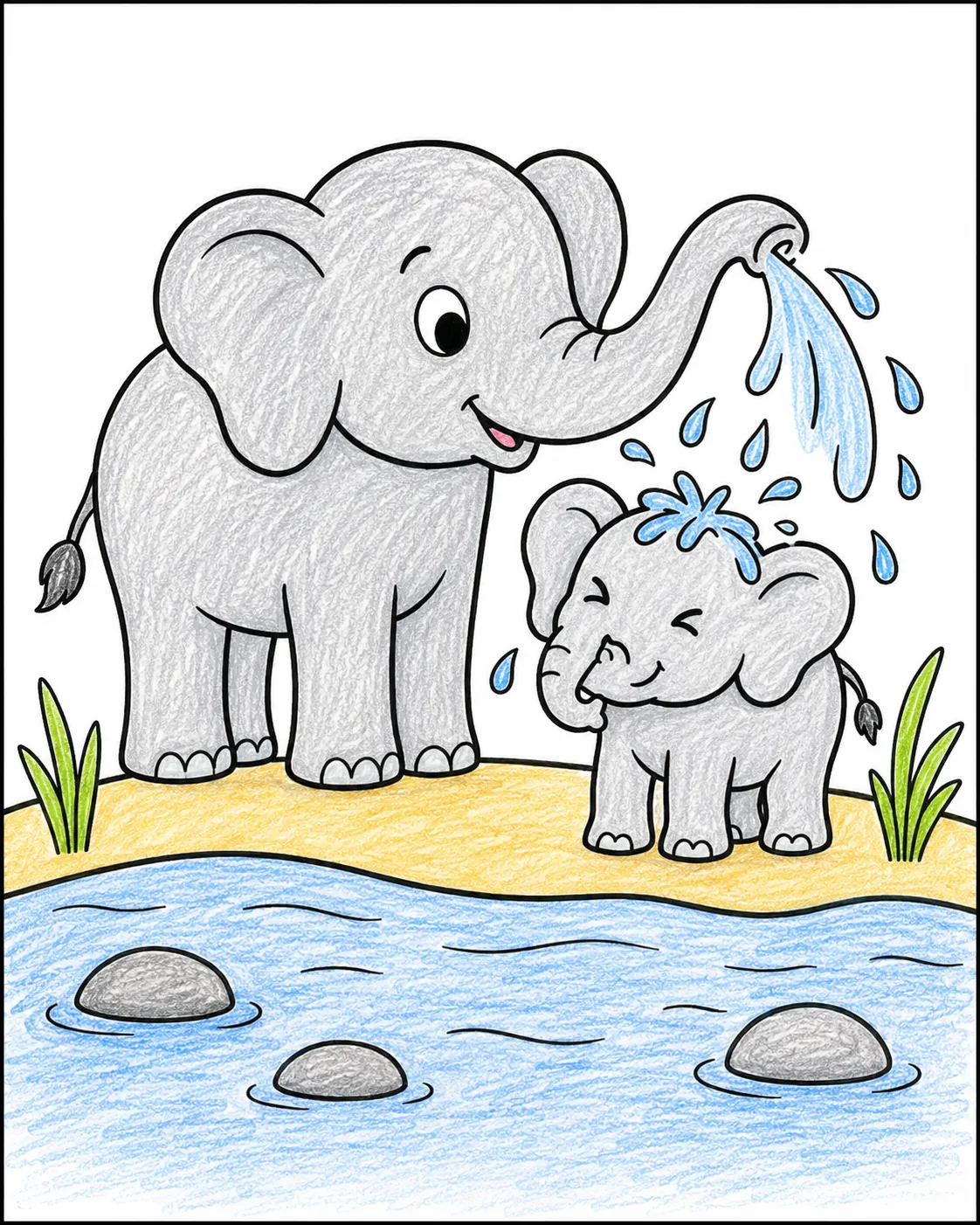 Elefantenmutter badet ihr Junges
