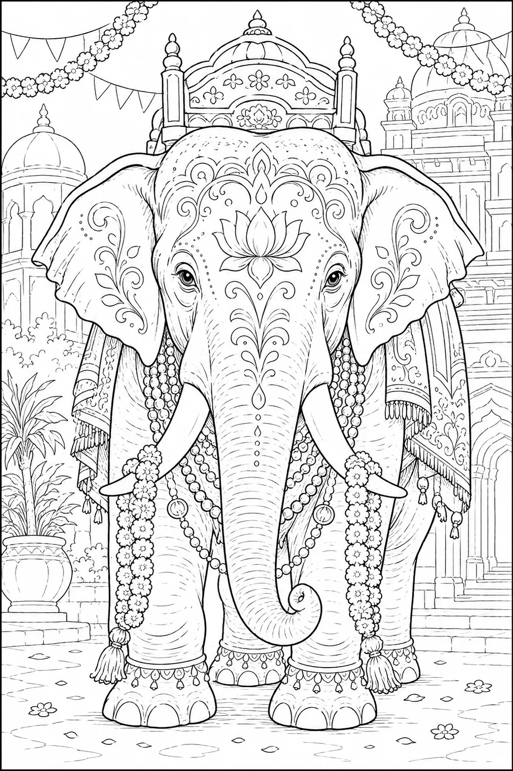 Ausmalbild: Indischer Elefant mit bunten Festschmuck-Mustern