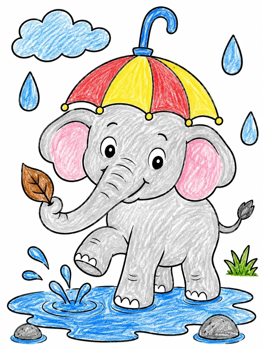 Elefant mit Regenschirmhut