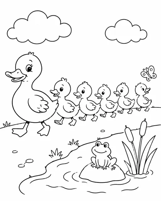 Duck Family Walking in a Row