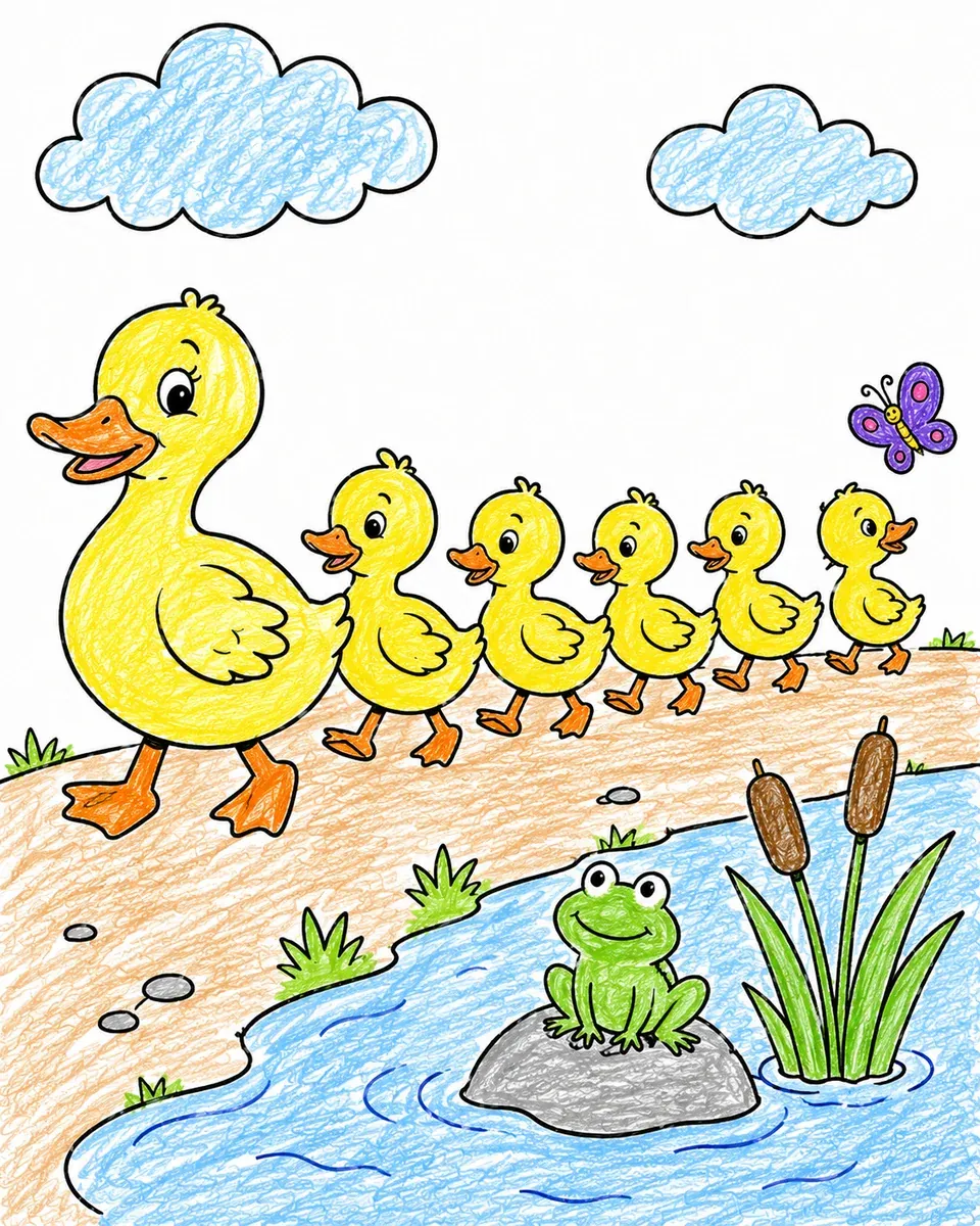 Familia de patos camina en fila