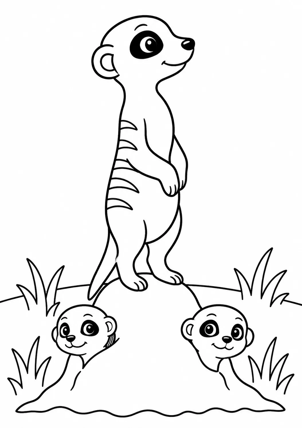 Ausmalbild: Erdmännchen steht aufrecht auf Termitenhügel