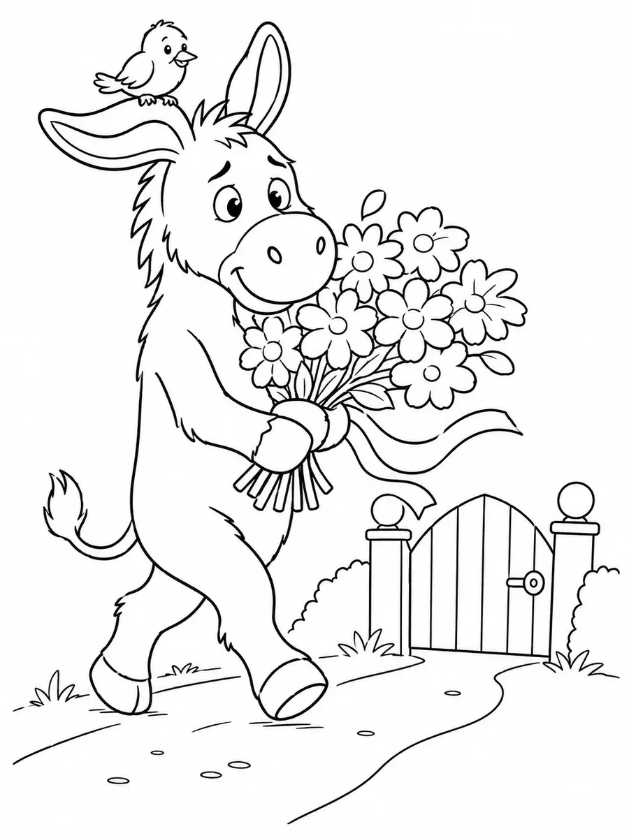 Ausmalbild eines Esels der auf Hinterbeinen einen Blumenstrauß als Geschenk trägt