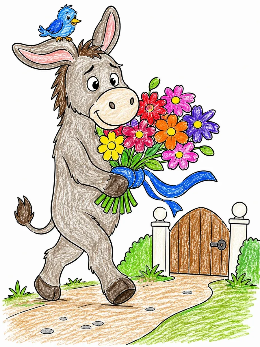 Esel bringt einen Blumenstrauß als Geschenk
