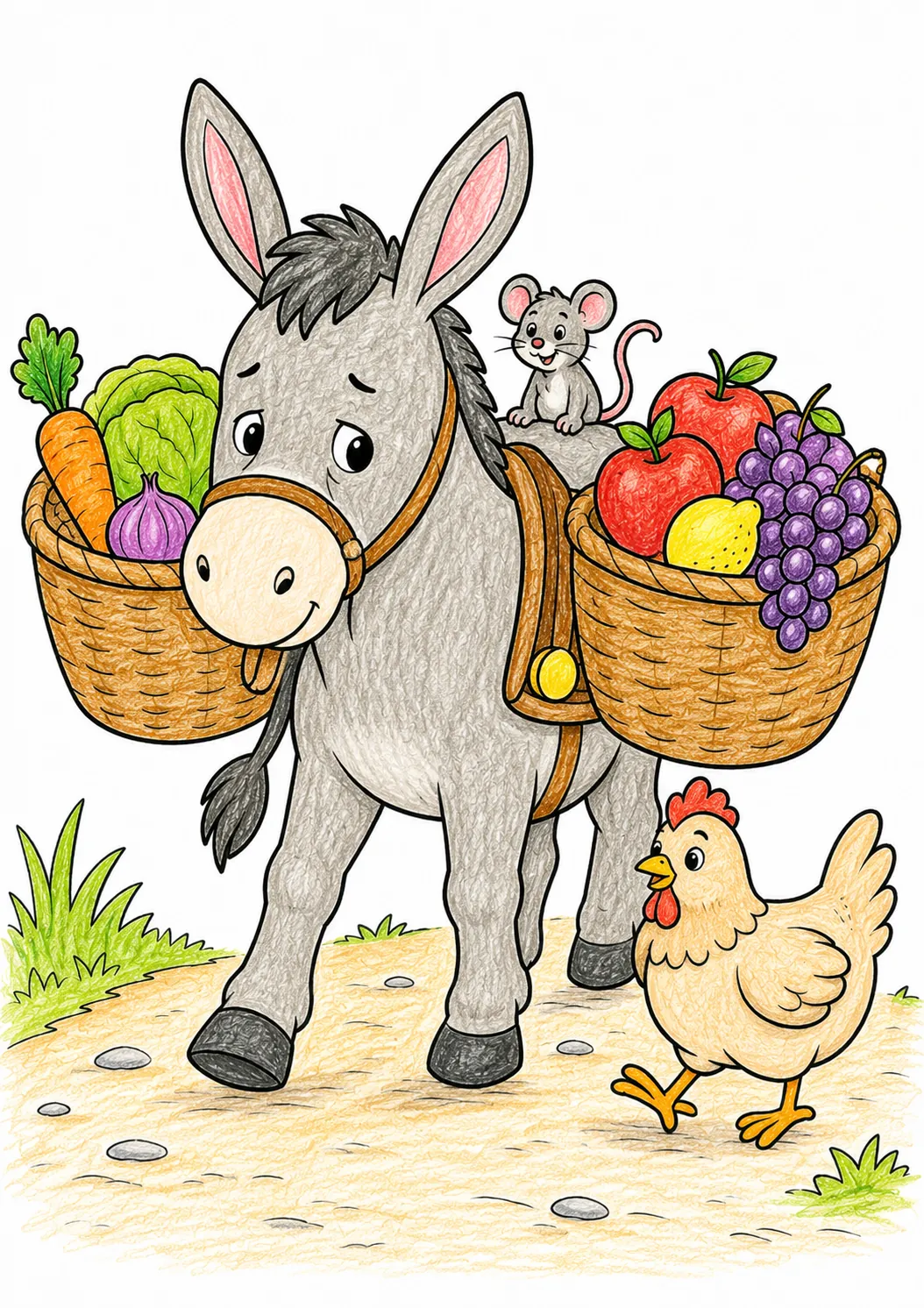 Burro cargando cestas desbordantes a ambos lados