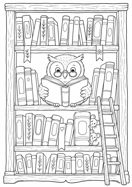 Owl in a Library Bookshelf