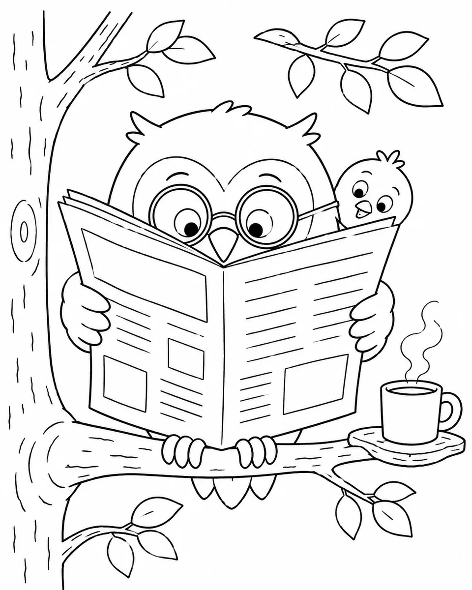 Ausmalbild einer Eule mit Brille die auf einem Ast die Morgenzeitung liest