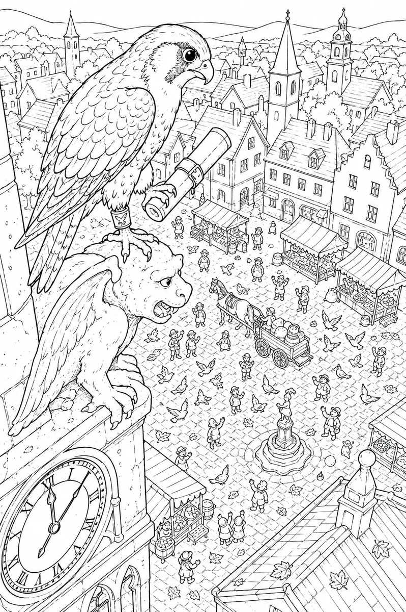 Bird's-eye coloring page: peregrine falcon on gargoyle with leather message tube over autumn city market