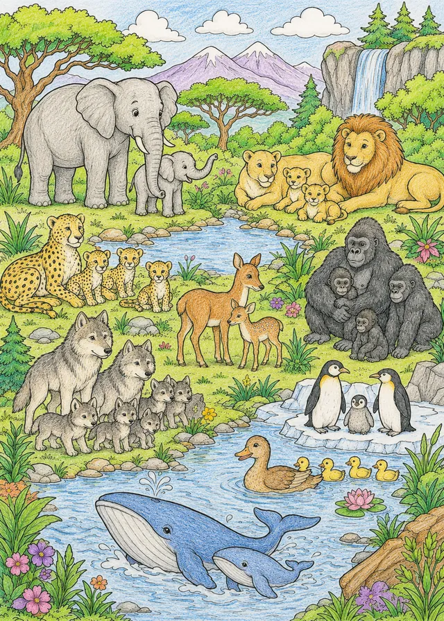 涂色页：世界动物家庭围绕水坑的寻找图