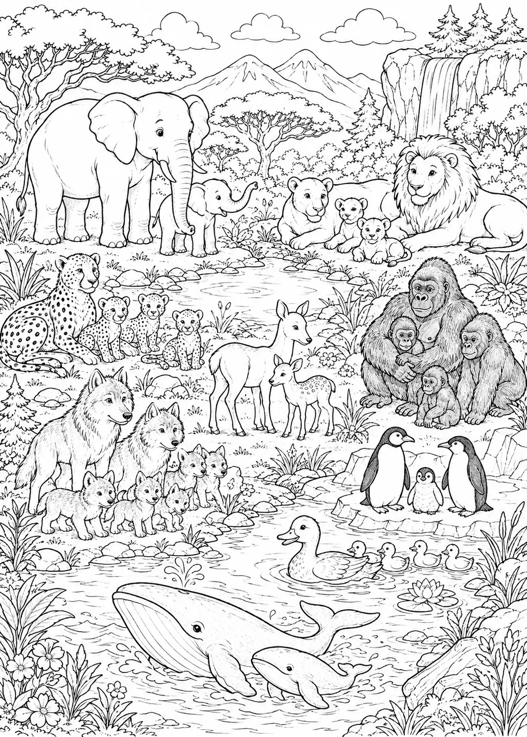 Ausmalbild: Wimmelbild der Tierfamilien der Welt um eine Wasserstelle