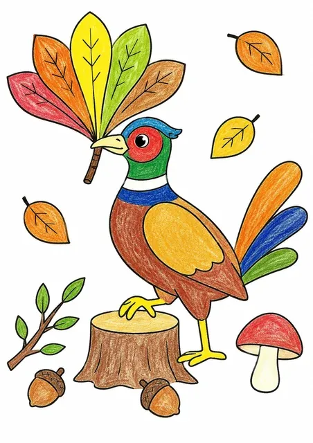 Fasan hält einen Fächer aus fünf Herbstblättern