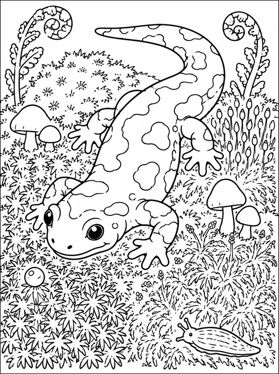 Feuersalamander mit klaren Flecken auf einem Moospolster mit Pilzen und Farnwedeln