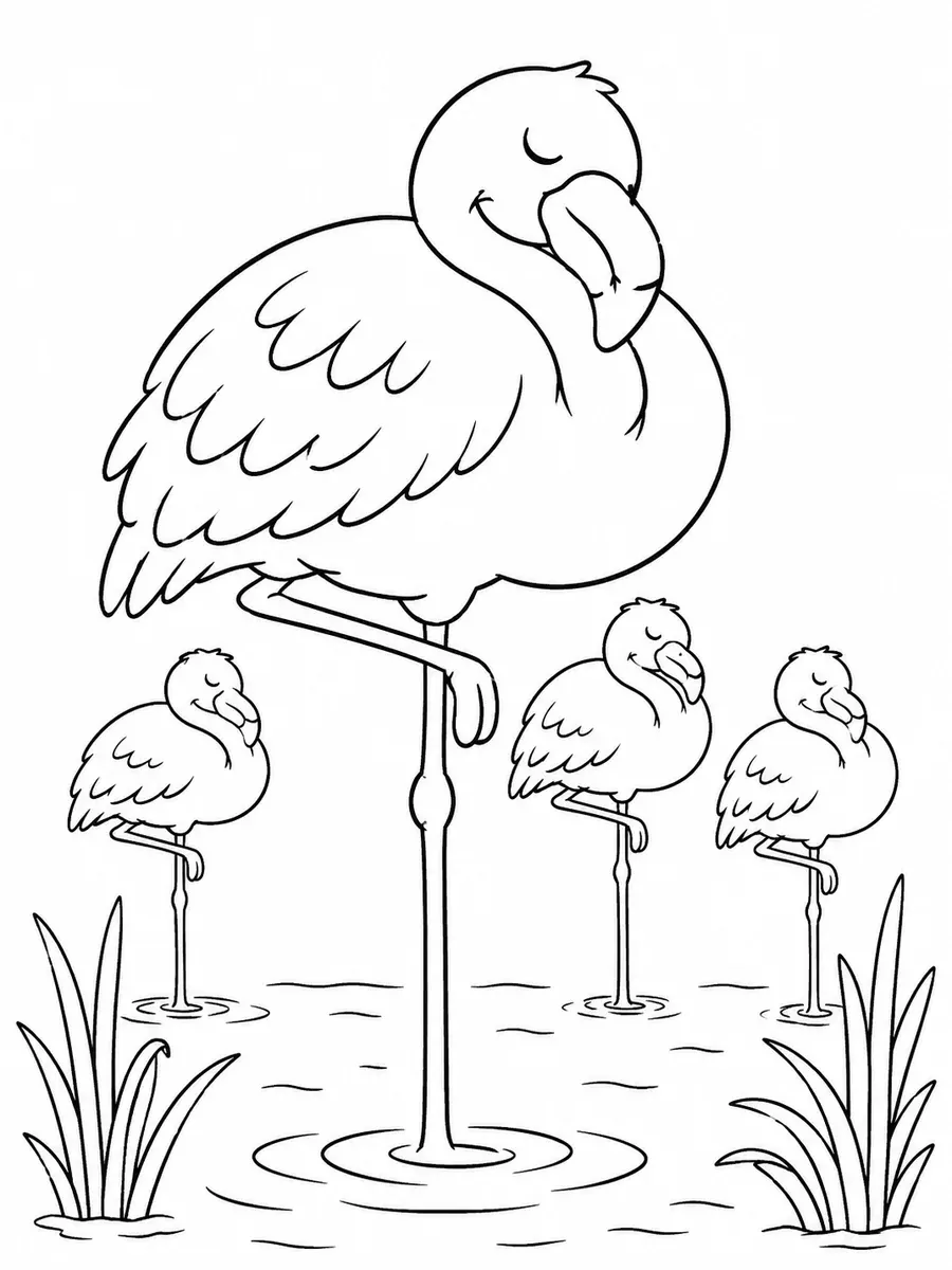 Coloring page of a flamingo sleeping while standing on one leg