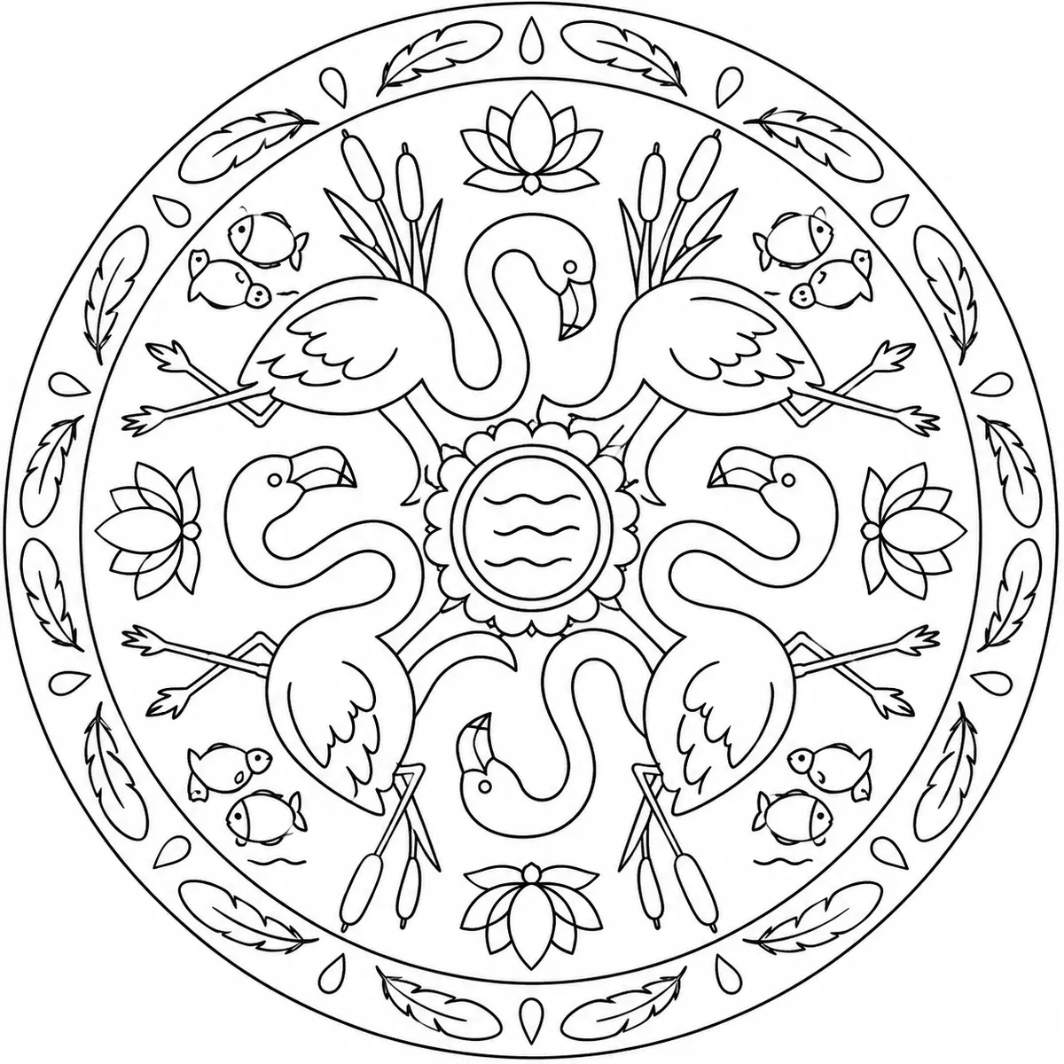 Symmetrisches Flamingo-Mandala mit sechs Vögeln, Lotus und Schilf