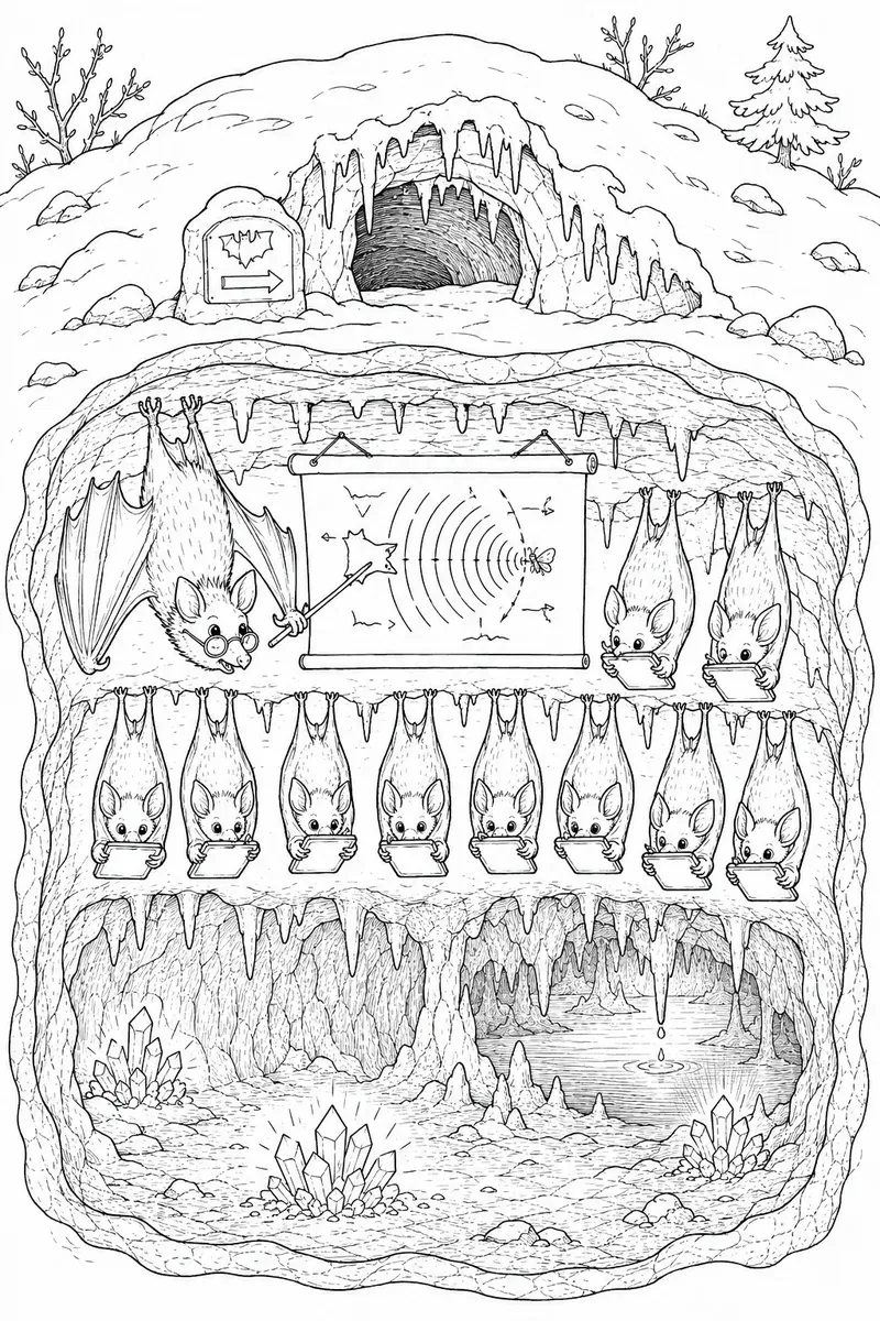 Ausmalbild Querschnitt: Fledermaus-Professorin unterrichtet kopfüber Schüler-Fledermäuse in einer Winterhöhle