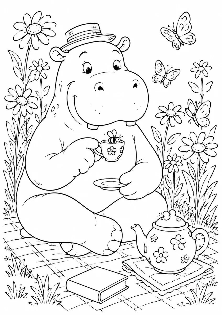 花田里喝茶的河马涂色画
