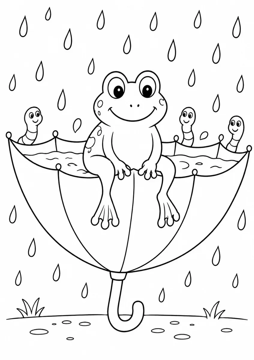 Ausmalbild eines Frosches der auf einem umgestülpten Regenschirm sitzt
