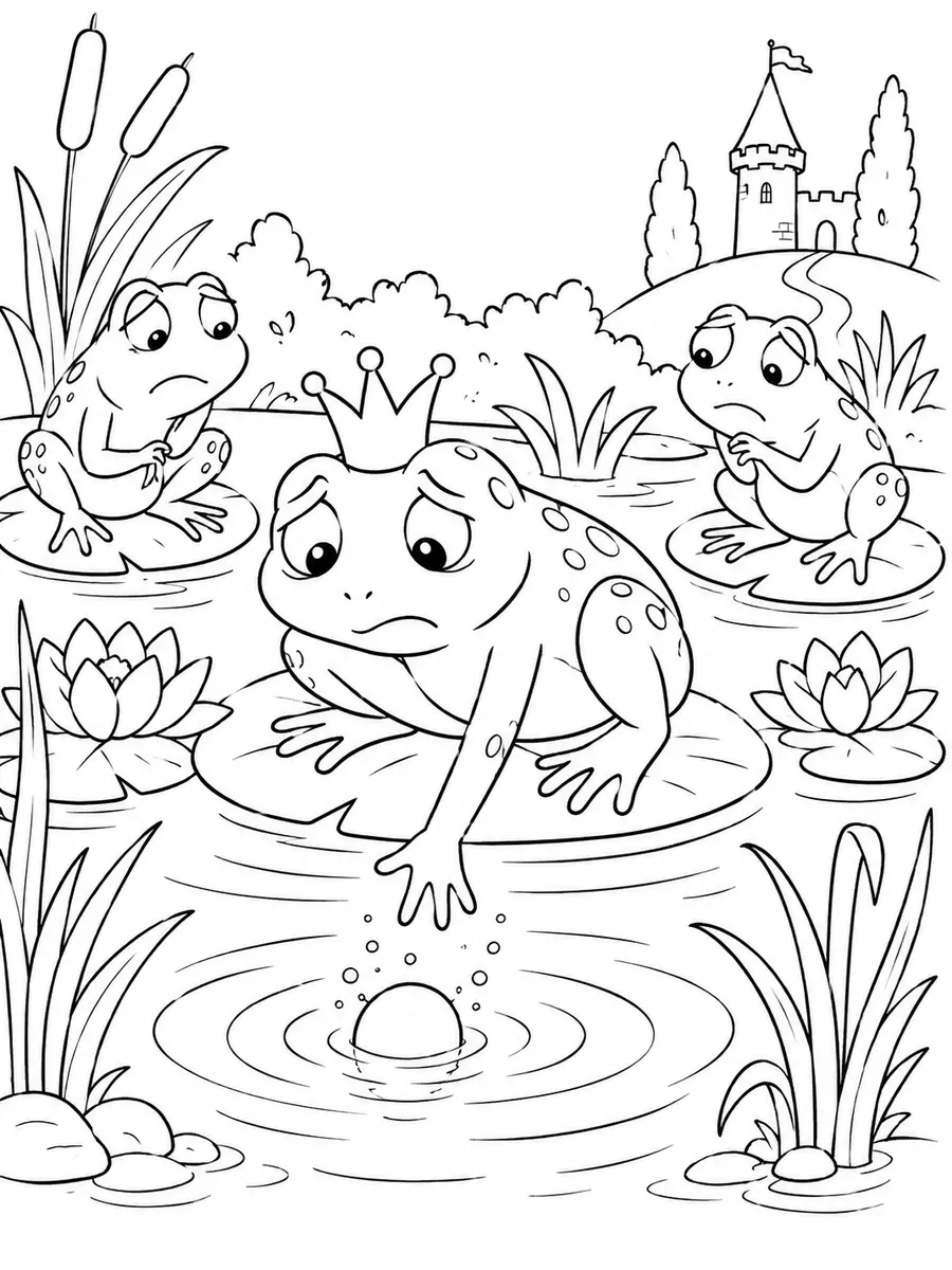 Ausmalbild des Froschkönigs der beobachtet wie seine Goldkugel im Teich versinkt