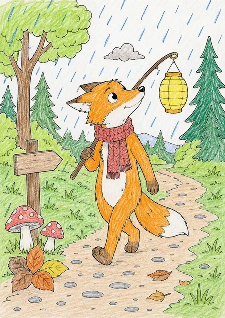 Fuchs mit Laterne im Novemberregen – So könnte es aussehen