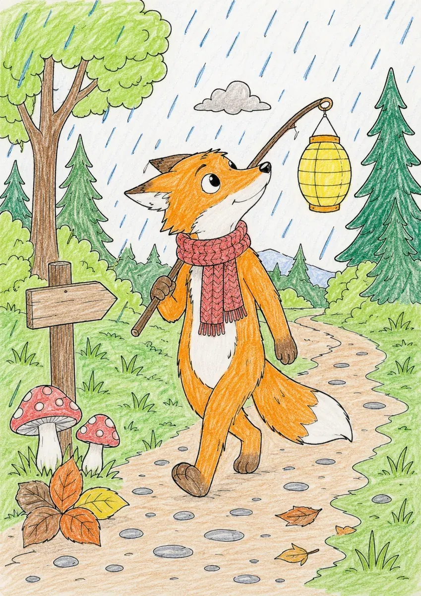Fuchs mit Laterne im Novemberregen