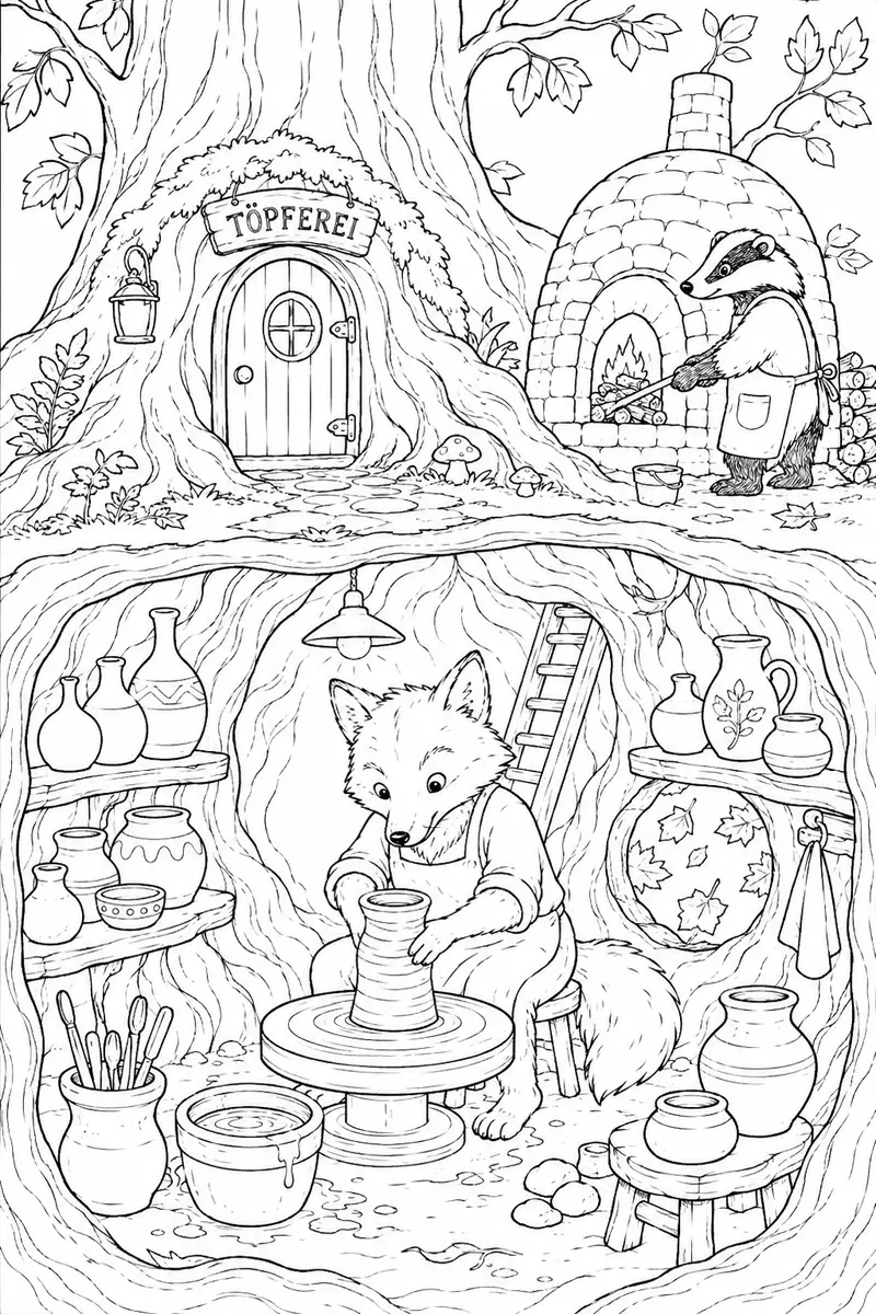 Ausmalbild Querschnitt: Fuchs an Töpferscheibe im unterirdischen Baumwurzel-Atelier, Dachs hütet den Ofen
