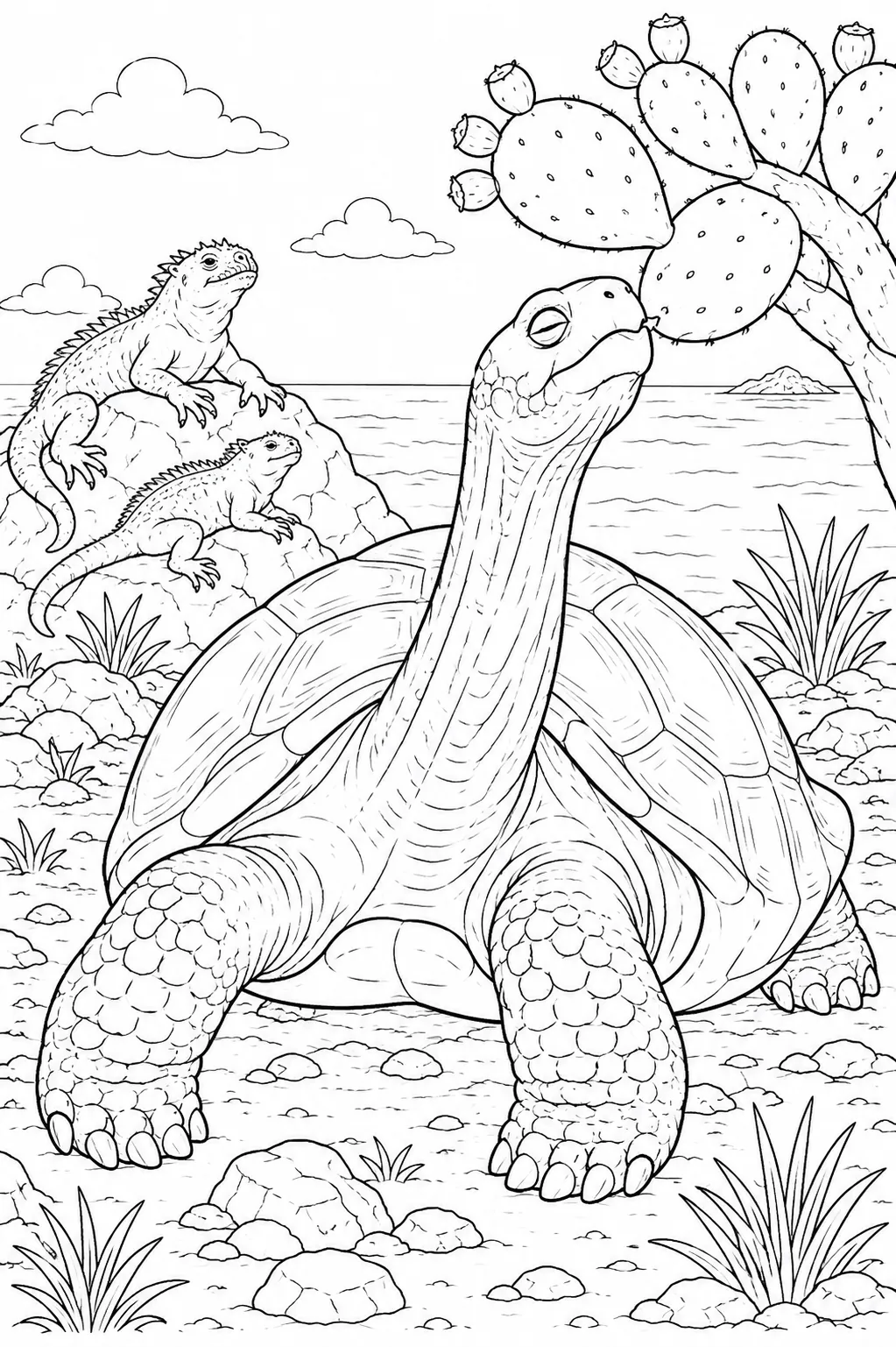 Ausmalbild: Galapagos-Riesenschildkröte streckt Hals zu Kaktus
