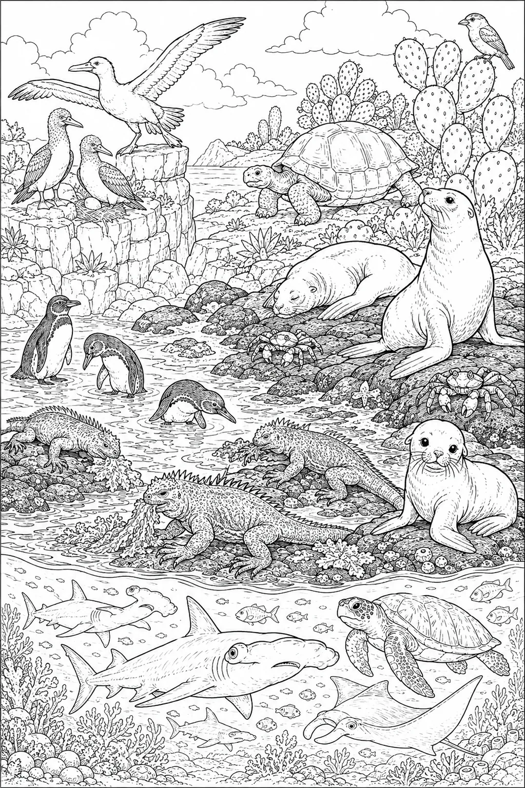 Ausmalbild: Galapagos-Vulkaninsel-Wimmelbild mit vielen Tierarten