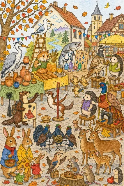 Wimmelbild-Ausmalbild: Herbstmarkt mit dem gesamten S01-Ensemble — verschiedene Handwerke und Berufe auf einem Dorfplatz