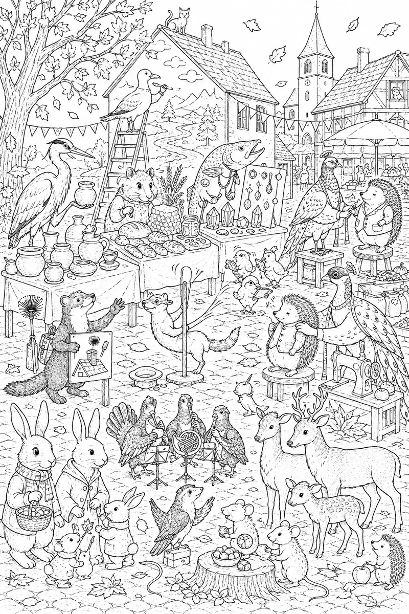 Wimmelbild-Ausmalbild: Herbstmarkt mit dem gesamten S01-Ensemble — verschiedene Handwerke und Berufe auf einem Dorfplatz