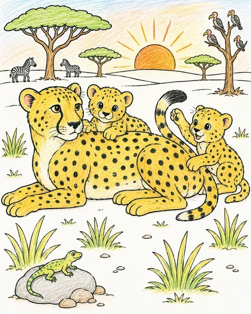 Der Gepard mit den Jungtieren – So könnte es aussehen
