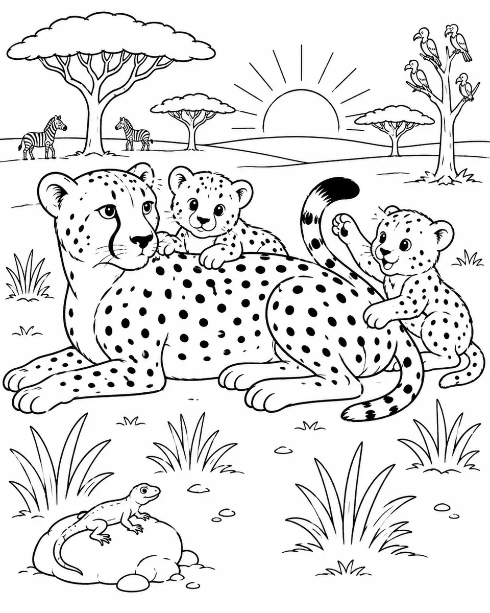 Gepard-Mutter mit zwei Jungtieren auf der afrikanischen Savanne