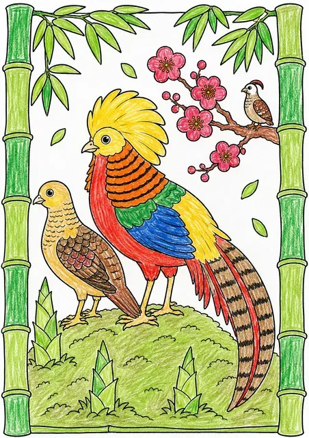 竹林中的红腹锦鸡双 – 涂色效果预览