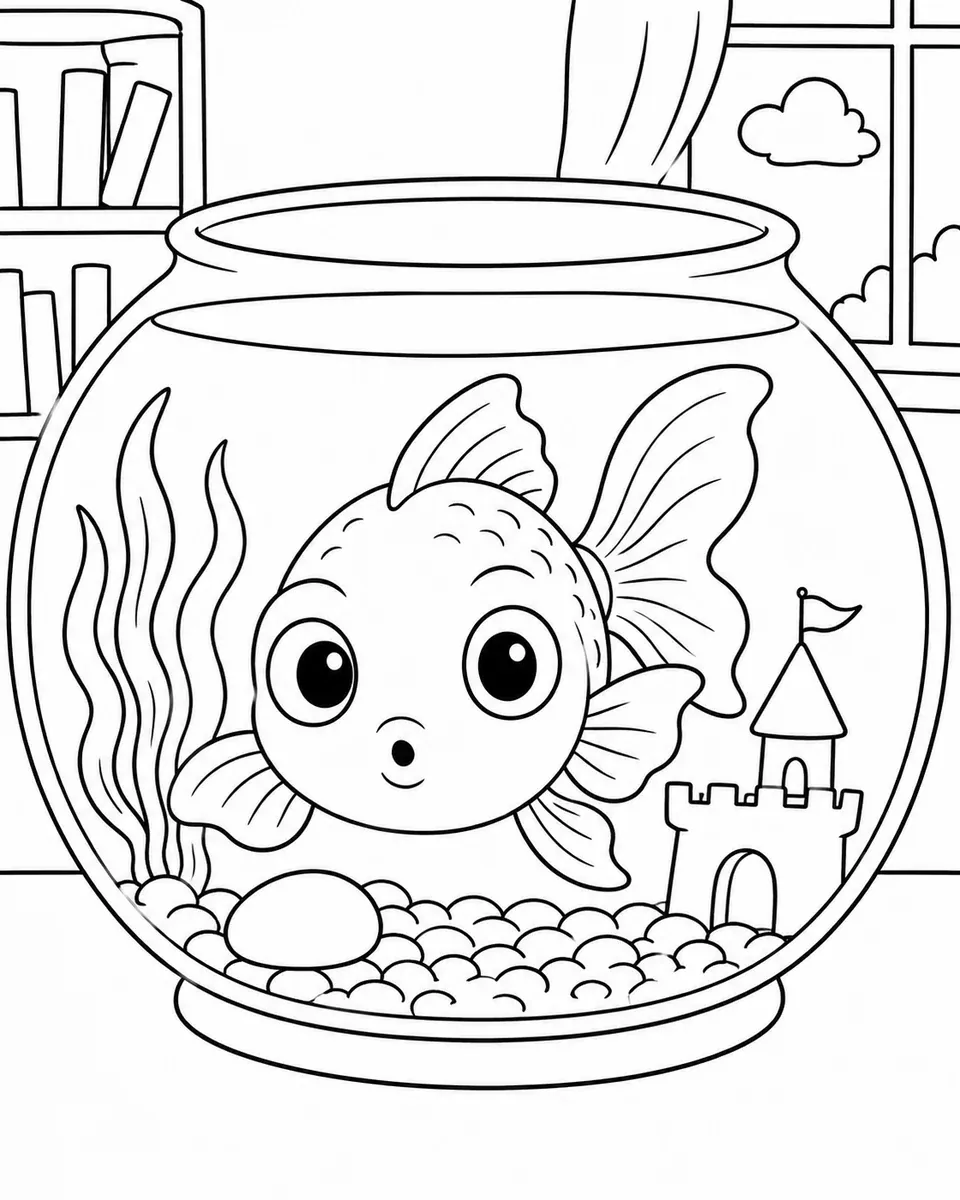 Ausmalbild eines Goldfischs der neugierig aus einem runden Aquarium schaut