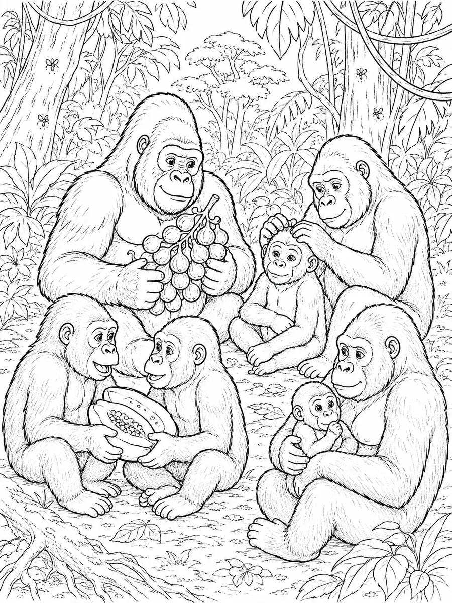 Ausmalbild: Gorilla-Familie sitzt beim Abend-Fressen im Dschungel