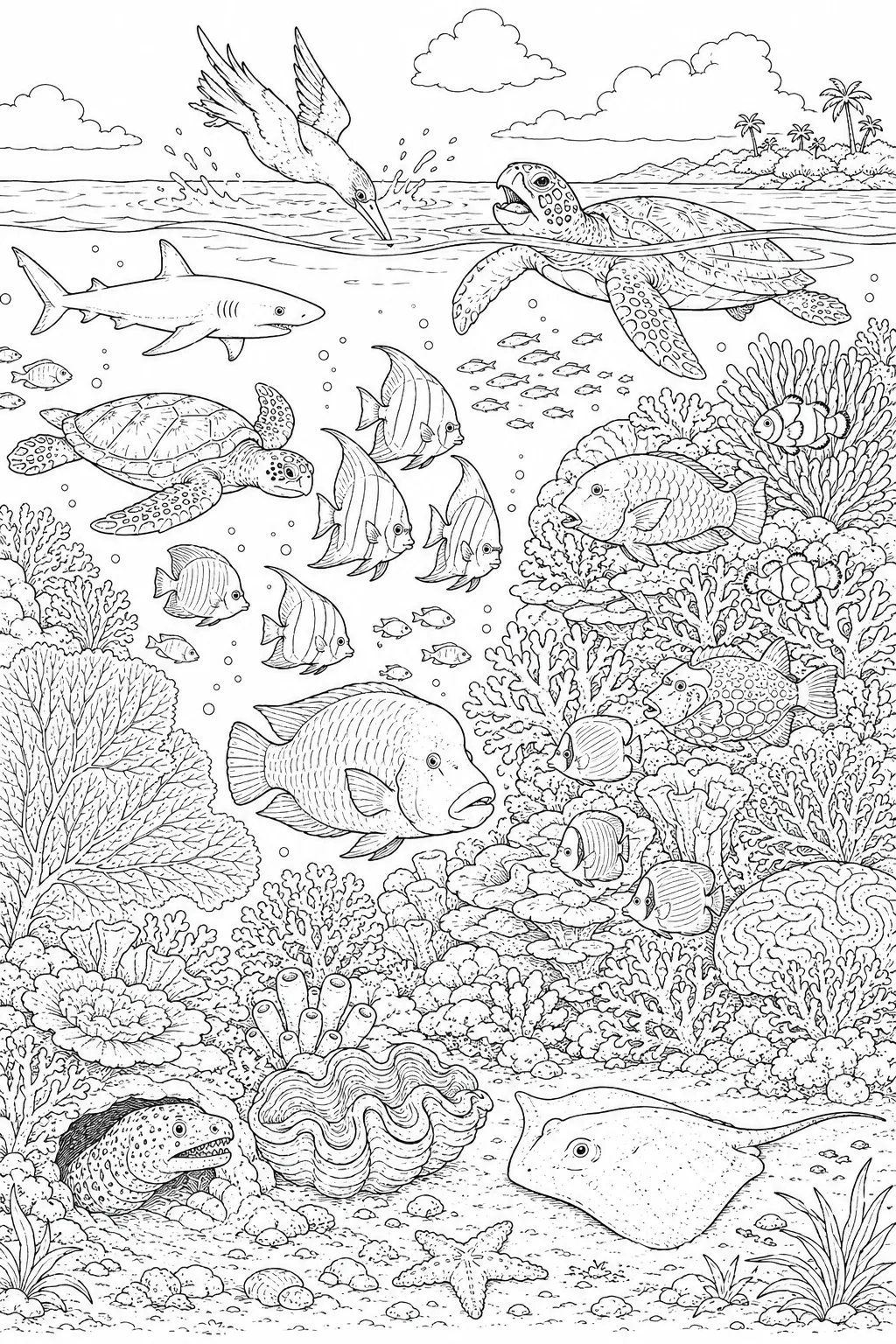 涂色页：有许多海洋生物的大堡礁横截面