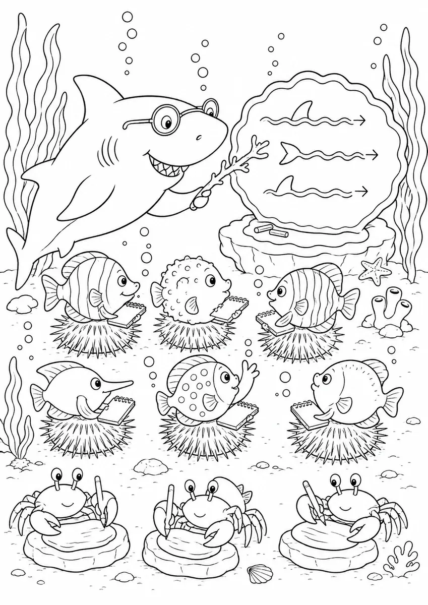 Ausmalbild eines Hais, der in einer Unterwasser-Schwimmschule kleine Fische unterrichtet