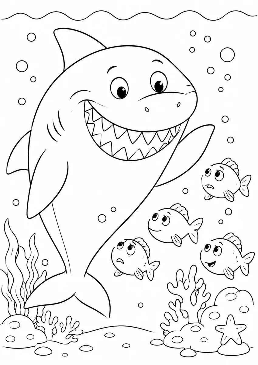 Ausmalbild eines schüchtern lächelnden Hais der kleinen Fischen zulächelt