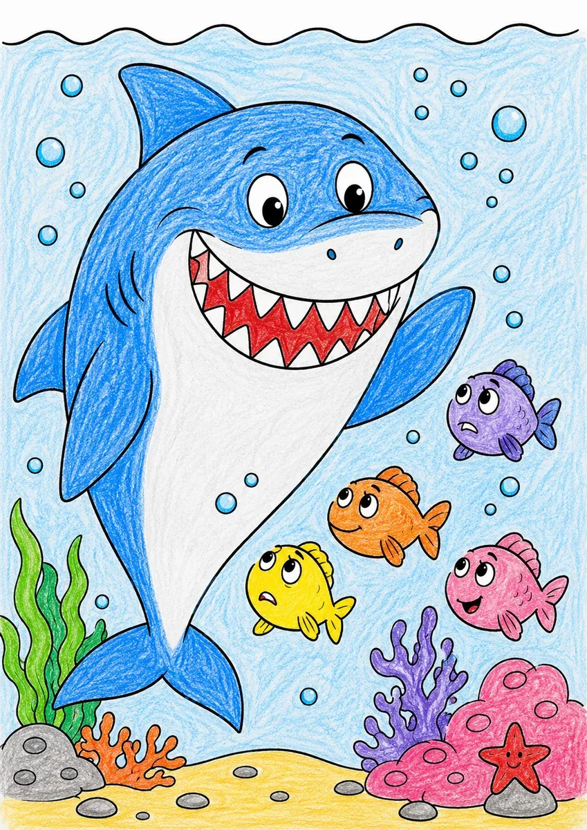 Hai lächelt schüchtern den kleinen Fischen zu