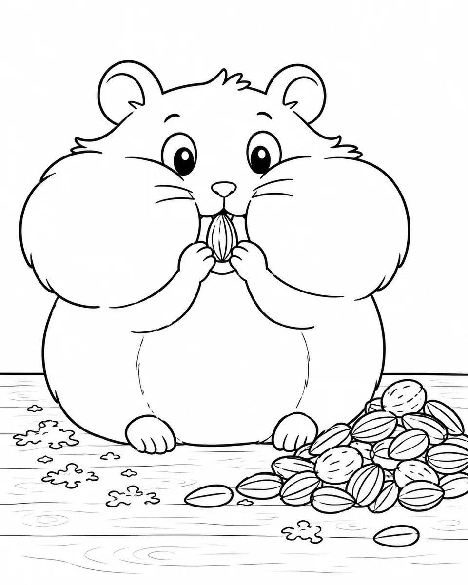 Ausmalbild eines Hamsters mit prallvollen Backentaschen der noch einen Samen stopft