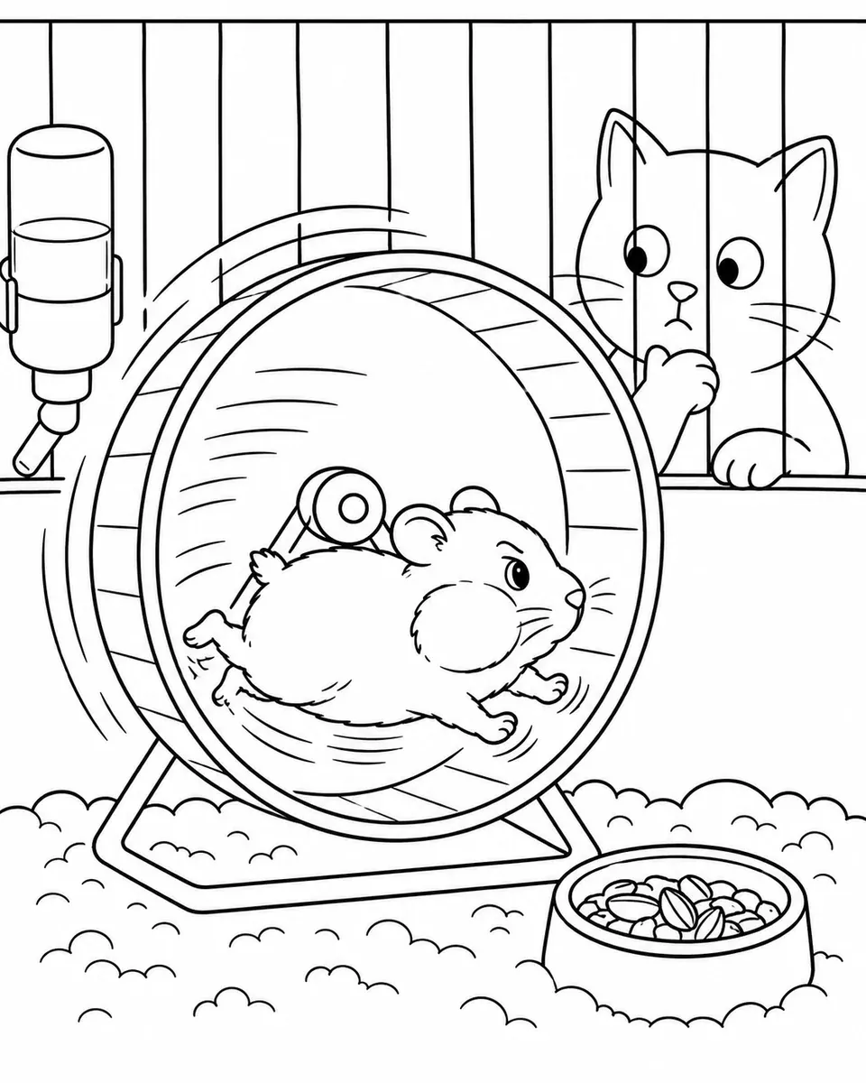 仓鼠在转轮里飞速奔跑的涂色画