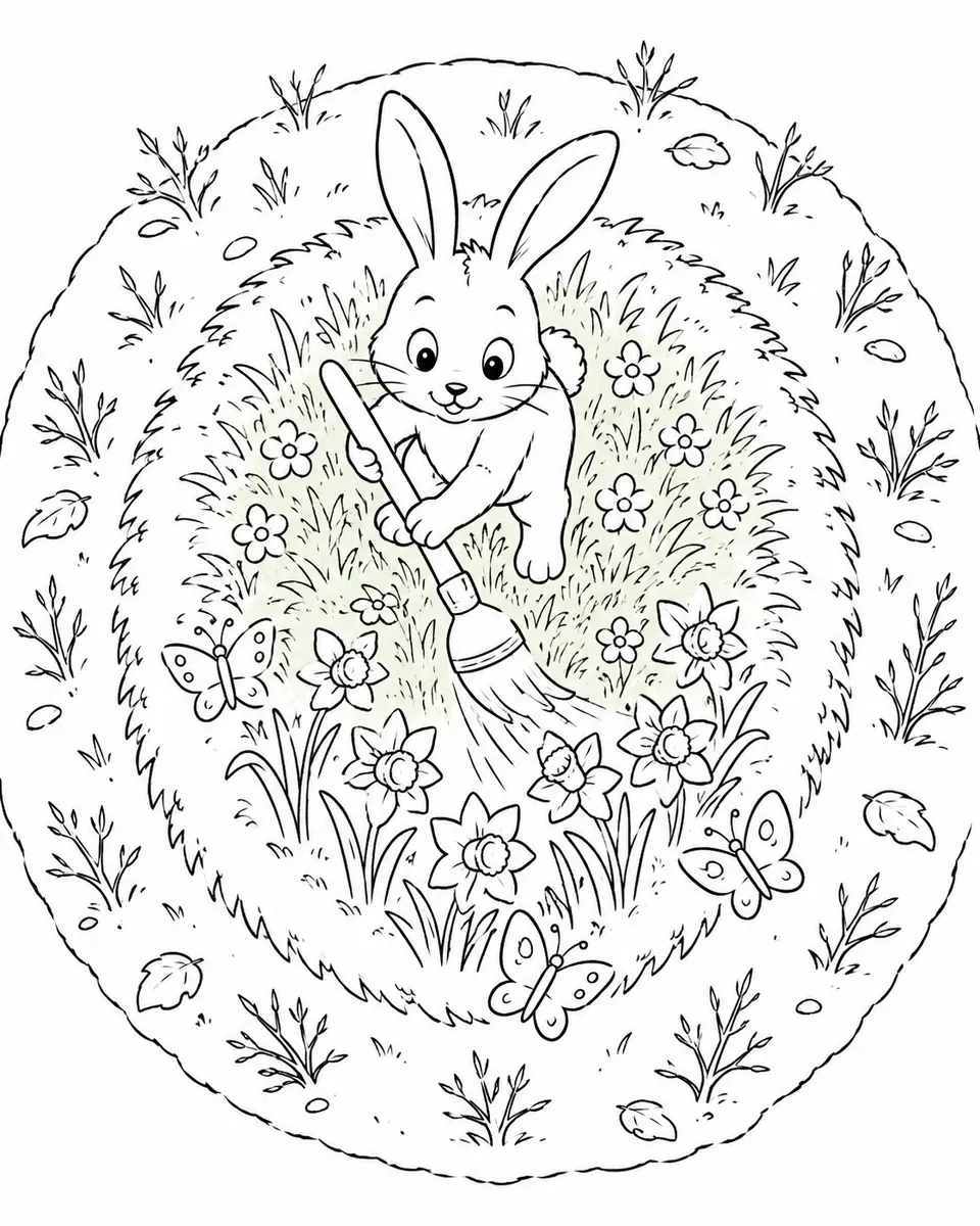 Ausmalbild von oben: Hase mit Pinsel malt Narzissen auf einen Frühlingshügel